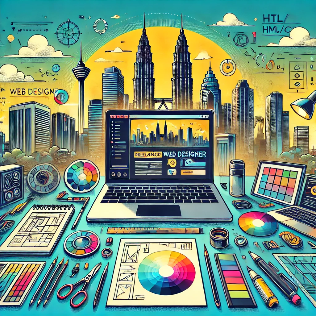 Freelance Web Designer Kuala Lumpur concept with a modern laptop, web design tools, and Kuala Lumpur skyline featuring Petronas Towers