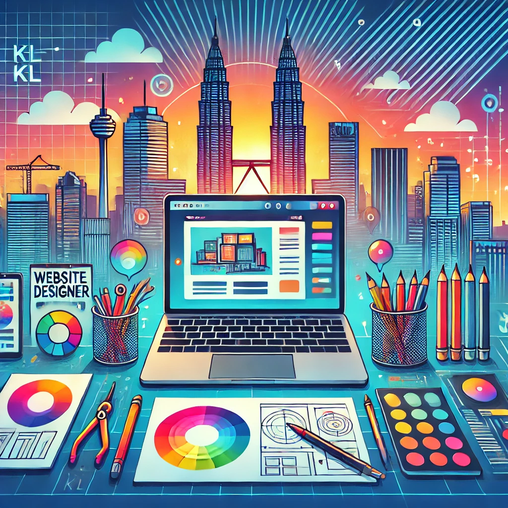 Modern and creative representation of a website designer KL with a laptop, graphic design tools, and KL cityscape silhouette