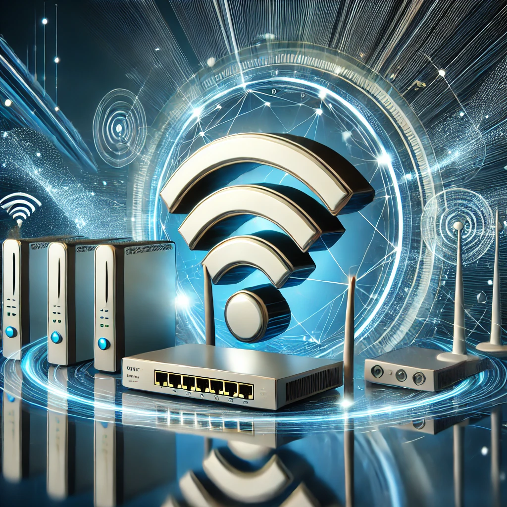 3D illustration of teknologi WiFi terkini dalam pasaran, featuring a glowing WiFi symbol and futuristic digital waves